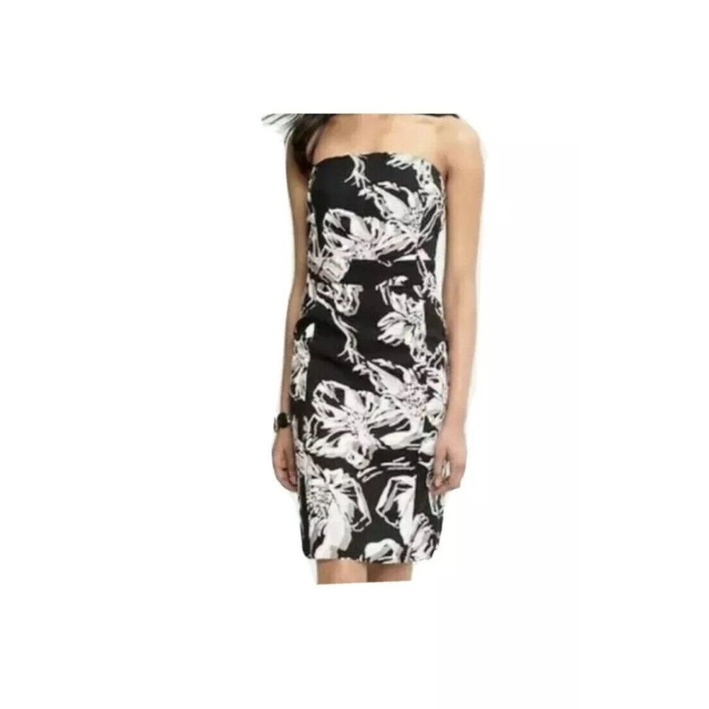 Banana Republic Strapless Black Floral Linen Dress Size 10 Sheath Lined